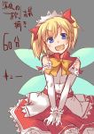  1girl blonde_hair blue_eyes blush bow elbow_gloves fairy_wings gloves head_tilt highres looking_at_viewer open_mouth short_hair simple_background smile solo spirytus_tarou sunny_milk touhou translation_request white_gloves wings 