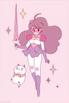  1girl ahoge animal_ears animated animated_gif bee_(bee_and_puppycat) bee_and_puppycat bee_the_human_girl bell boots brown_hair claire_belton earrings elbow_gloves floating gloves jewelry knee_boots long_hair puppycat skirt smile sparkle sword tagme weapon 
