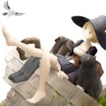  1girl barefoot bird blonde_hair blue_eyes boots cat dress hat original roro_(yamagata) shoes_removed short_hair sitting smile socks_removed solo staff witch_hat 