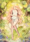  1girl apron barefoot butterfly butterfly_on_hand caesty forest garter_straps garters lingerie long_hair looking_at_viewer lying nature negligee on_back orange_eyes pink_hair small_breasts toes tree_stump underwear very_long_hair waist_apron watermark web_address 