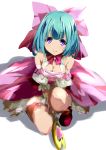  1girl ange_vierge bow breasts cleavage dress green_hair highres jewelry large_breasts magical_girl no_nose pendant pink_eyes short_hair smile solo toru_k v_arms wand 