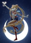  1girl absurdly_long_hair bishoujo_senshi_sailor_moon blonde_hair blue_eyes boots bow choker circlet crescent_moon double_bun earrings elbow_gloves gloves hair_ornament headwear_removed jewelry knee_boots long_hair magical_girl moon navel outstretched_arms sailor_moon sarah_stowasser skirt smile solo star tsukino_usagi twintails very_long_hair 