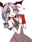  1girl blue_eyes book braid fusion head_wing heart izayoi_sakuya juliet_sleeves koakuma kuresento long_hair long_sleeves looking_at_viewer necktie open_mouth puffy_sleeves shirt silver_hair simple_background skirt skirt_set smile solo touhou twin_braids vest white_background 