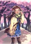  1girl bag black_legwear brown_eyes brown_hair btoor cherry_blossoms coat glasses hair_ornament hand_in_pocket highres looking_at_viewer open_mouth original pantyhose red-framed_glasses scarf shoulder_bag solo 