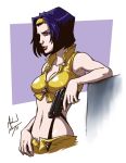  1girl breasts bust cleavage cowboy_bebop crop_top faye_valentine glock gun hairband handgun highleg highleg_panties lips lipstick makeup michael_mayne midriff navel open_fly panties pistol purple_hair red_eyes short_hair sleeveless solo trigger_discipline underwear unzipped weapon 