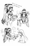  cherry_blossoms comic feeding female_admiral_(kantai_collection) flower food hair_flower hair_ornament kantai_collection long_hair long_sleeves mittens monochrome multiple_girls personification ponytail pot translation_request very_long_hair yamato_(kantai_collection) 