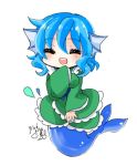  1girl amatou_(uot_ama) blue_hair chibi dated hands_in_sleeves head_fins japanese_clothes kimono mermaid monster_girl open_mouth raised_hand short_hair signature simple_background solo squinting touhou wakasagihime water_droplets white_background 