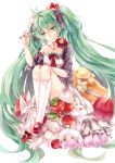  1girl absurdres dress food food_as_clothes food_themed_clothes fruit green_eyes green_hair hair_ribbon hatsune_miku highres kneehighs long_hair mary_janes nevakuma_(fanfanas) ribbon shoes sitting solo spoon strawberry twintails very_long_hair vocaloid 