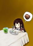  1girl 2_fuel_4_ammo_11_steel akagi_(kantai_collection) bauxite brown_hair bucket fine_art_parody fork highres i_asked_for_scrambled kantai_collection kimura_shuuichi long_hair muneate parody plate solid_oval_eyes solo table water 