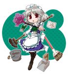  1girl apron boots bow braid broom bucket byourou cross-laced_footwear dual_wielding duster dustpan hair_bow izayoi_sakuya long_sleeves looking_at_viewer maid maid_headdress mop open_mouth red_eyes shirt silver_hair skirt skirt_set solo touhou twin_braids vest waist_apron 