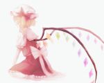  1girl ankle_socks blonde_hair bow flandre_scarlet from_behind hat hat_ribbon mob_cap no_shoes pale_color ribbon short_hair short_sleeves side_ponytail simple_background sitting skirt skirt_set solo touhou wariza white_background wings zuko_(okuz) 