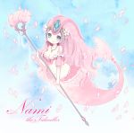  1girl alternate_color blue_eyes blush character_name flower jewelry konatsu_miyu league_of_legends long_hair mermaid monster_girl nami_(league_of_legends) navel necklace petals pink_hair smile solo staff 