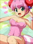  1girl :d antennae bare_shoulders character_request copyright_request green_eyes konpeto leotard looking_at_viewer open_mouth pink_hair shiny shiny_skin short_hair sleeveless smile solo tail wristband 