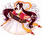  1girl alternate_costume alternate_hair_color breasts brown_hair character_name cleavage detached_sleeves dress earrings jewelry konatsu_miyu league_of_legends long_hair long_sleeves musical_instrument necklace smile solo sona_buvelle traditional_clothes twintails white_dress 