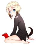  1girl barefoot blonde_hair blue_eyes brown_hair dog_tail eating erica_hartmann looking_at_viewer military military_uniform mouth_hold multicolored_hair pocky pomery short_hair sitting solo strike_witches tail uniform wariza 