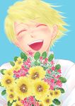  aa_rin blonde_hair blush bouquet closed_eyes flower kuma_(persona_4) open_mouth persona persona_4 short_hair smile sunflower 