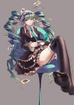  1girl absurdres aqua_eyes aqua_hair bell black_legwear bonnet bow card celestia_rudenberk cosplay crossed_legs cup dangan_ronpa drill_hair feet frills garter_straps gothic_lolita hatsune_miku highres lolita_fashion long_hair mou_kankan necktie no_shoes playing_card sitting solo tea teacup thighhighs twin_drills twintails vocaloid 