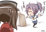  2girls ^_^ absurdres aoba_(kantai_collection) board chibi closed_eyes gloom_(expression) highres kantai_collection lavender_hair long_hair multiple_girls neckerchief open_mouth ponytail ryukz ryuujou_(kantai_collection) school_uniform serafuku smile thigh-highs translation_request triangle_mouth twintails visor_cap 