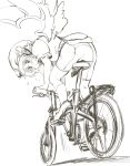  1girl animal_ears ass bicycle bicycle_helmet bike_shorts bird_wings blush heavy_breathing helmet monochrome mystia_lorelei nise_nanatsura puffy_sleeves shirt short_sleeves solo touhou wings 