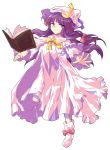  1girl book capelet crescent dairi floating_book grimoire hair_ribbon hat long_hair long_sleeves looking_at_viewer open_clothes open_coat outstretched_arms patchouli_knowledge purple_hair ribbon simple_background solo standing_on_one_leg touhou tress_ribbon very_long_hair violet_eyes white_background wide_sleeves 