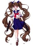  1girl absurdly_long_hair bangs blood blood_on_face blood_stain bloody_clothes bow brown_hair full_body gun hair_bow hair_ribbon hum_(fpswp777) loafers long_hair looking_at_viewer open_mouth original pleated_skirt red_eyes ribbon sailor_collar school_uniform serafuku shoes skirt smile socks solo standing twintails very_long_hair walking weapon white_background white_legwear wide-eyed wind yandere 