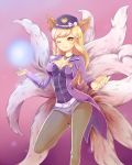 1girl ahri alternate_costume blonde_hair breasts cleavage facial_mark fox_tail hat heart heart_necklace highres league_of_legends looking_at_viewer multiple_tails pantyhose pink_background short_shorts shorts smile solo tail wink yellow_eyes 