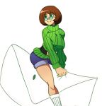  1girl belt breasts brown_hair glasses green-framed_glasses large_breasts letter nikki_(swapnote) ribbed_sweater shining_dazzler short_hair shorts smile solo swapnote sweater turtleneck 