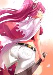  1girl ass breasts cherry_blossoms katana kitayama_miuki long_hair looking_at_viewer looking_back pink_hair ponytail smile solo sword under_night_in-birth weapon yuzuriha_(under_night_in-birth) 