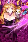  1girl bare_shoulders bird blonde_hair clenched_teeth crown dress flower frills gmanee highres horns lilith_(p&amp;d) owl pointy_ears purple_dress puzzle_&amp;_dragons smile solo strapless_dress violet_eyes 