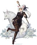  1girl animal_ears boots breasts caesty facial_mark fingerless_gloves forehead_jewel garter_straps glasses gloves high_ponytail multiple_tails over-rim_glasses over_shoulder oversized_object paintbrush semi-rimless_glasses solo_focus tail thigh-highs thigh_boots uniform watermark web_address white_hair wolf wolf_ears wolf_tail yellow_eyes 