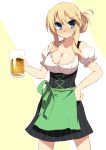  1girl alcohol alternate_costume alternate_hairstyle apron beer beer_mug bismarck_(kantai_collection) blonde_hair blue_eyes blush breasts cleavage detached_sleeves highres hoppege kantai_collection large_breasts long_hair looking_at_viewer personification solo waist_apron 
