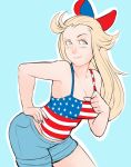  1girl american_flag blonde_hair blush bow bravely_default:_flying_fairy breasts cleavage contemporary edea_lee g138 hair_bow hand_on_hip highres leaning_forward long_hair shorts smile solo spaghetti_strap tank_top 
