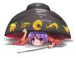  1girl bowl commentary_request hiding long_sleeves lying needle on_stomach purple_hair shinapuu smile solo sparkle sukuna_shinmyoumaru touhou violet_eyes wide_sleeves 