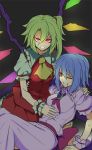  2girls angry blonde_hair blue_hair flandre_scarlet glowing glowing_eyes kenii multiple_girls no_hat pink_eyes puffy_short_sleeves puffy_sleeves red_eyes remilia_scarlet short_hair short_sleeves siblings side_ponytail sisters touhou wince wrist_cuffs 