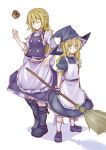  2girls apron blonde_hair boots braid broom dual_persona fingerless_gloves flat_chest full_body gloves green_eyes hand_on_hip hat kenii kirisame_marisa knee_boots loafers long_hair mini-hakkero multiple_girls no_hat shoes side_braid small_breasts smile socks standing touhou waist_apron wink witch_hat younger 
