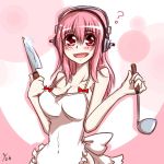  1girl :d ? apron blush breasts cleavage headphones homura_(silver_blaze) knife large_breasts long_hair looking_at_viewer naked_apron nitroplus open_mouth pink_hair red_eyes smile solo super_sonico 