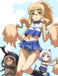  3girls =_= alternate_hairstyle animal_ears aqua_eyes beetle black_hair blonde_hair cat_ears cat_tail cheerleader closed_eyes costume francesca_lucchini glasses looking_at_viewer midriff multiple_girls navel panties perrine_h_clostermann pom_poms ponytail red_eyes sanya_v_litvyak silver_hair strike_witches sweatdrop tabigarasu tail triangle_mouth twintails underwear wavy_mouth 