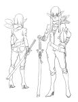  1girl animunerdery belt bodysuit boots breasts character_profile cleavage hand_on_hip kamina_shades kill_la_kill kiryuuin_satsuki knee_boots lineart long_hair monochrome neckerchief planted_sword planted_weapon scabbard scarf senketsu sheath sword weapon what_if zipper 