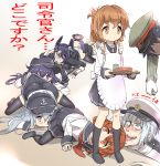  2boys 6+girls accelerator akatsuki_(kantai_collection) apron black_legwear blue_eyes blush brown_eyes brown_hair crossover eyepatch folded_ponytail gloves hair_ornament hairclip hat headgear hibiki_(kantai_collection) highres ikazuchi_(kantai_collection) inazuma_(kantai_collection) kamijou_touma kantai_collection long_hair multiple_boys multiple_girls mushi_gyouza open_mouth panties personification purple_hair school_uniform serafuku short_hair silver_hair skirt tatsuta_(kantai_collection) tenryuu_(kantai_collection) thigh-highs to_aru_majutsu_no_index translated underwear yellow_eyes 