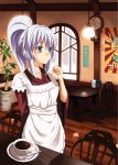  1girl alternate_costume blue_eyes chair clock cup enmaided green_hair hat komeiji_koishi lamp long_sleeves maid maid_apron mononobe_no_futo nas_(nassy58) plant ponytail poster_(object) potted_plant restaurant shirt silver_hair skirt solo table teacup touhou wide_sleeves window 