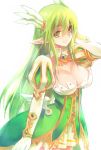  1girl arm_up breasts cleavage elsword gloves green_eyes green_hair large_breasts looking_at_viewer pointy_ears rena_(elsword) smile solo wanko_(takohati8) 