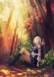  1girl autumn_leaves boots detached_sleeves dress highres jinying leaf pixiv_fantasia pixiv_fantasia_fallen_kings short_hair silver_hair sleeping solo sunset thighs tree 