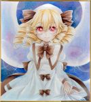  1girl blonde_hair blush bow dress drill_hair hat highres luna_child mosho red_eyes short_hair smile solo touhou traditional_media watercolor_(medium) wings 