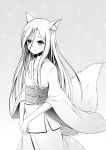  1girl animal_ears asakurashinji blush fox_ears fox_tail highres hishamaru japanese_clothes long_hair ribbon smile solo spoilers tail tokyo_ravens wide_sleeves 