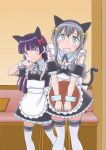  2girls animal_ears apron black_hair cat_ears embarrassed gokou_ruri green_eyes long_hair maid makishima_saori multiple_girls no_glasses official_style ore_no_imouto_ga_konna_ni_kawaii_wake_ga_nai red_eyes sakaki_youma thigh-highs traditional_media tray waitress wrist_cuffs 