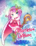  1girl alternate_costume blue_eyes cape character_name chibi christmas dress gloves league_of_legends leblanc mizoreame purple_hair red_dress red_gloves smile solo staff 