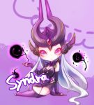  1girl breasts character_name cleavage dress fingerless_gloves frown gloves helmet league_of_legends long_hair mizoreame pink_eyes purple_dress solo syndra white_hair 
