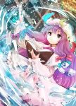  1girl book bookshelf capelet crescent grimoire hair_ribbon library long_hair long_sleeves makuwauri mob_cap open_clothes open_coat open_mouth patchouli_knowledge purple_hair ribbon solo touhou tress_ribbon very_long_hair violet_eyes 