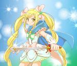  1girl blonde_hair blue_background bow cape cure_echo frills hair_ribbon highres hoshikawa_tsukimi light_particles long_hair magical_girl precure precure_all_stars_new_stage:_mirai_no_tomodachi ribbon sakagami_ayumi skirt smile solo sword twintails weapon wrist_cuffs yellow_eyes 