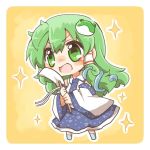 1girl blush chibi frog_hair_ornament green_eyes green_hair hair_ornament kochiya_sanae long_hair lowres open_mouth rebecca_(keinelove) skirt smile snake_hair_ornament sparkle touhou